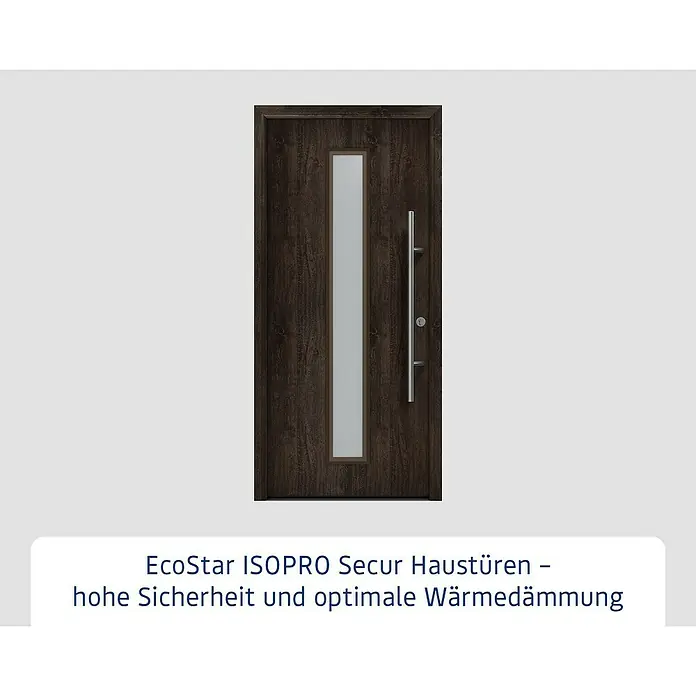 Hörmann EcoStar Haustür ISOPRO Secur IPS 020S - 110 x 210 cm, DIN Anschlag: Rechts, Night Oak - Eine moderne ISOPRO Secur Haustür mit Holzdekor und einem schlanken Glaseinsatz, die Sicherheit und Wärmeisolierung vereint.