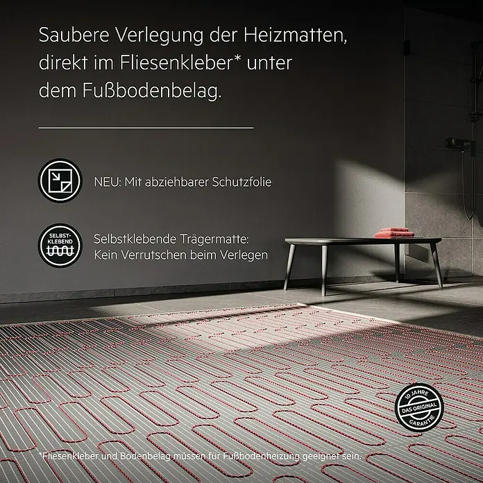 AEG Fußbodenheizung TBS TC 200/2 SET PLUS - 670 x 30 cm, Beheizbare Fläche: 2 m², 400 W - Saubere Verlegung der Heizmatten direkt im Fliesenkleber unter dem Fußbodenbelag. Neu: Mit abziehbarer Schutzfolie und selbstklebender Trägermatte.