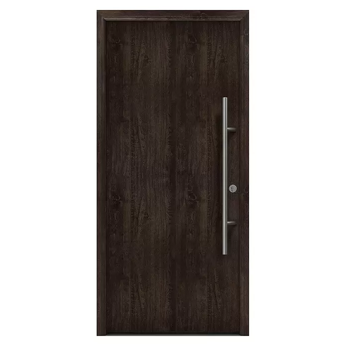 Hörmann EcoStar Haustür ISOPRO Secur IPS 010 - 110 x 210 cm, DIN Anschlag: Rechts, Night Oak - Dunkle Holztür mit vertikalem silbernem Stangengriff und Schlüsselloch.