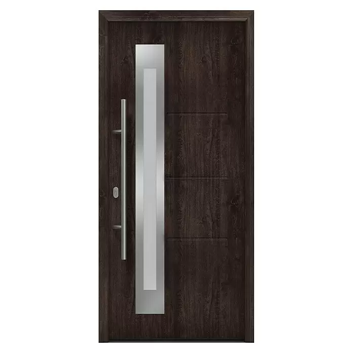 Hörmann EcoStar Haustür ISOPRO IP 780S - 110 x 210 cm, DIN Anschlag: Links, Night Oak - Dunkelbraune moderne Tür mit langem silbernem Griff und vertikaler silberner Leiste mit hellem Einsatz.