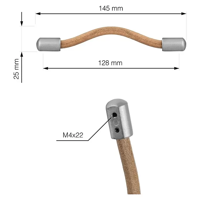 Walteco Möbelgriff Izola - Lochabstand: 128 mm, Leder, Leder-Optik - Geschwungener Griff, holzähnlich, mit silbernen Metallenden. Maße: 145mm Länge, 25mm Höhe. M4x22 Schraubgewinde.