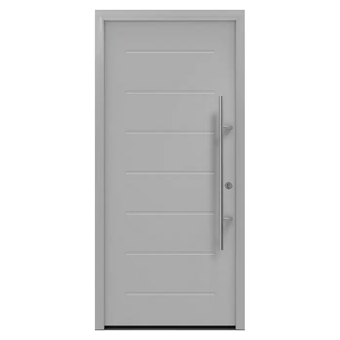 Hörmann EcoStar Haustür ISOPRO Secur IPS 015 - 110 x 210 cm, DIN Anschlag: Rechts, Weißaluminium - Moderne hellgraue Tür mit horizontalen Rillen und einem langen silbernen Zuggriff.