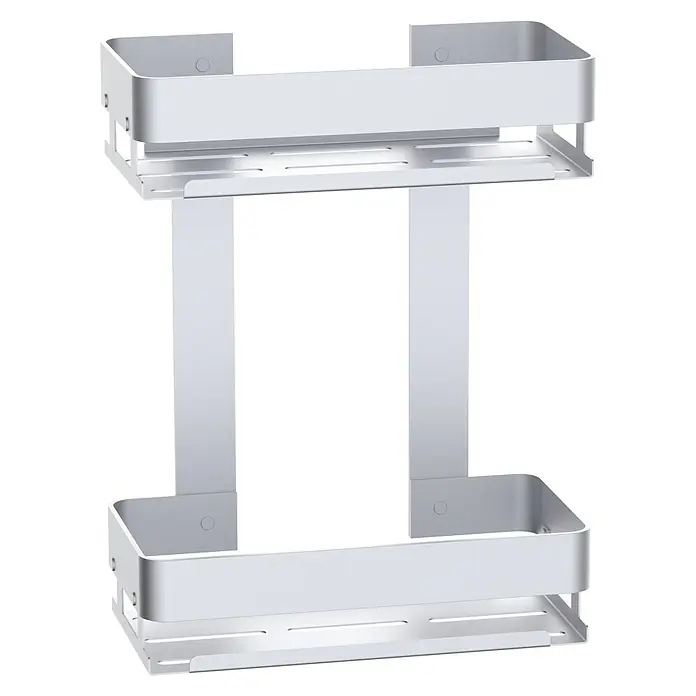 Cesta de baño doble Balance - 12,5 x 25 x 32,5 cm, Aluminio, Cromo - Aquí hay un carrito de ducha blanco de dos niveles, que proporciona una solución de almacenamiento práctica para elementos esenciales del baño.