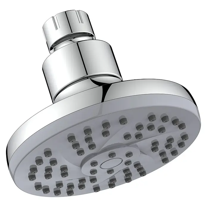 Rociador de ducha Eidos - Diámetro: 10 cm, Número de funciones: 1 ud., Cromo - Primer plano de un cabezal de ducha cromado con boquillas redondas de goma sobre un fondo negro.
