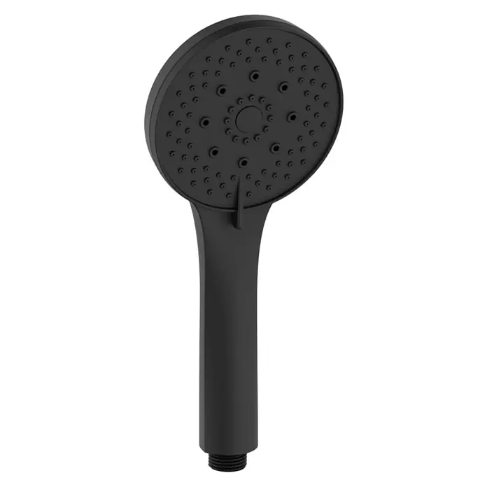 Teleducha Tao - Número de funciones: 5 ud., Negro - Una ducha de mano negra mate con un cabezal redondo y múltiples boquillas, diseñada para una experiencia de ducha cómoda.