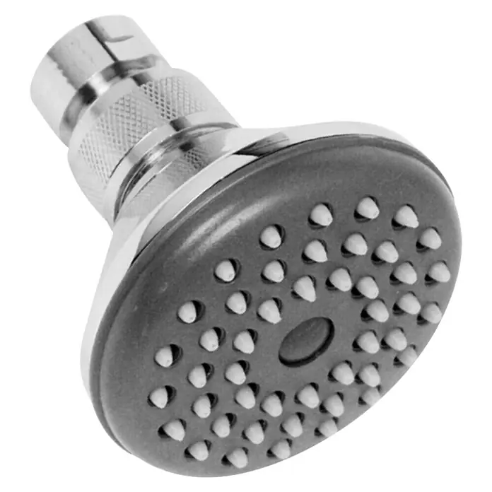 Rociador de ducha F0188 - Diámetro: 7,05 cm, Número de funciones: 1 ud., Cromo - Primer plano de un cabezal de ducha con conexión cromada y una cara de ducha gris con muchas boquillas pequeñas.