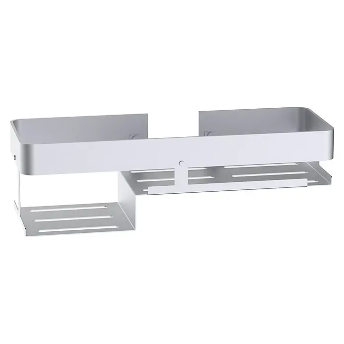 Cesta de baño Balance - 12,5 x 35 x 10,5 cm, Aluminio, Cromo - La imagen muestra una estantería de ducha plateada. La estantería tiene dos áreas de almacenamiento con ranuras, ideales para accesorios de baño.