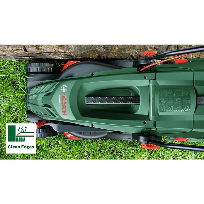 Bosch Cortacésped eléctrico Easy Rotak 32 - 1.200 W, Ancho de corte: 32 cm - Vista superior de un cortacésped Bosch UniversalRotak 37 sobre césped, con función "Clean Edges".