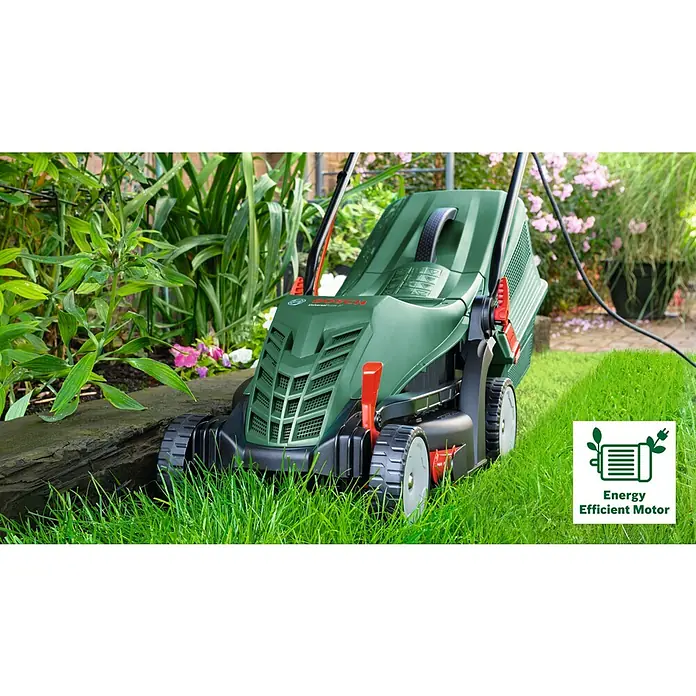 Bosch Cortacésped eléctrico Easy Rotak 32 - 1.200 W, Ancho de corte: 32 cm - Un cortacésped verde de la marca Bosch reposa sobre una zona de césped con un logotipo de "Energy Efficient Motor".