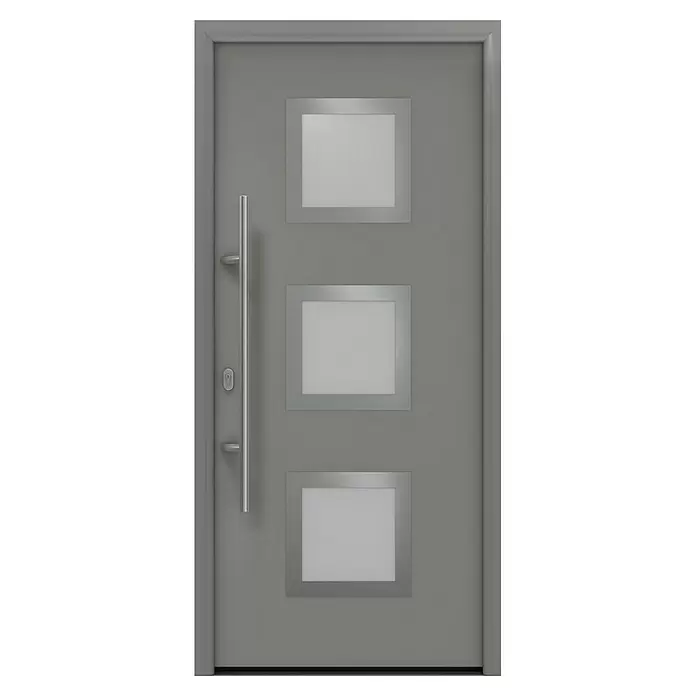 Hörmann EcoStar Haustür ISOPRO IP 810S - 110 x 210 cm, DIN Anschlag: Links, Graualuminium - Moderne graue Eingangstür mit drei rechteckigen Milchglasscheiben und einem langen Edelstahlgriff.