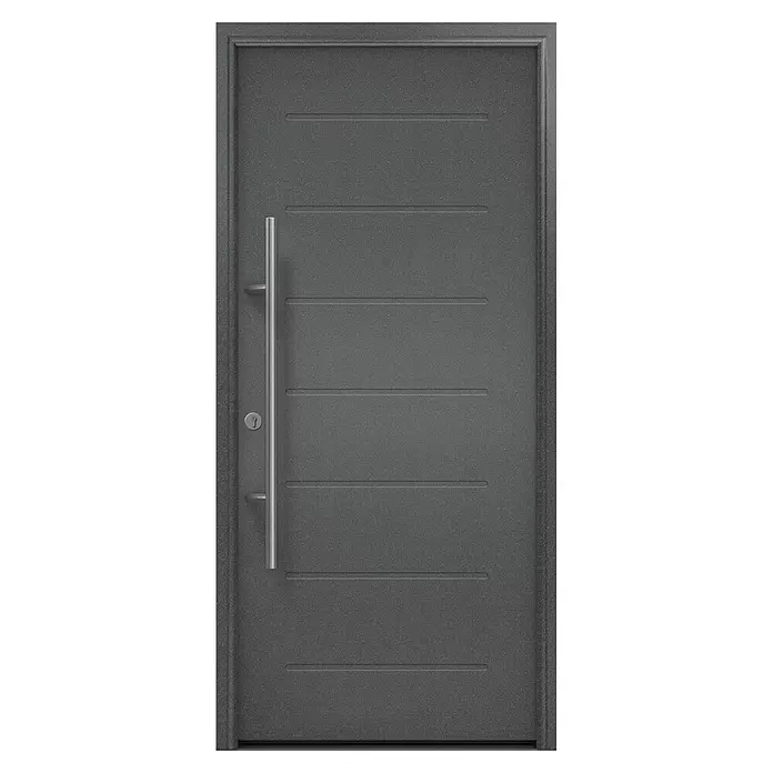 Hörmann EcoStar Haustür ISOPRO Secur IPS 015 - 110 x 210 cm, DIN Anschlag: Links, CH 703 Anthrazit Metallic - Moderne dunkelgraue Tür mit vertikalem Stangengriff und horizontalen Zierlinien.