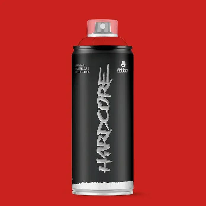 mtn Pintura decorativa en spray Hardcore - Rojo soviet, Brillante, 400 ml - Imagen de una lata de aerosol MTN Hardcore en negro con tapa roja y letras plateadas, ideal para proyectos de arte.