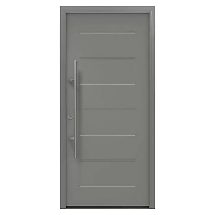 Hörmann EcoStar Haustür ISOPRO Secur IPS 015 - 110 x 210 cm, DIN Anschlag: Links, Graualuminium - Moderne graue Tür mit horizontalen Rillen, langem vertikalem Griff und Schlüsselloch.