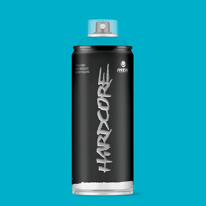 mtn Pintura decorativa en spray Hardcore - Azul delicado, Brillante, 400 ml - Bote de pintura en aerosol Montana Colors Hardcore con la palabra Hardcore y el logotipo MTN, ideal para grafitis.