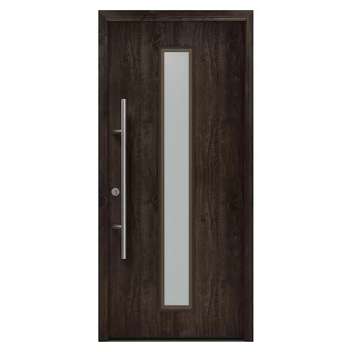 Hörmann EcoStar Haustür ISOPRO Secur IPS 020S - 110 x 210 cm, DIN Anschlag: Links, Night Oak - Dunkle Holztür mit vertikaler Milchglasscheibe, langem Silbergriff und Schlüsselloch.