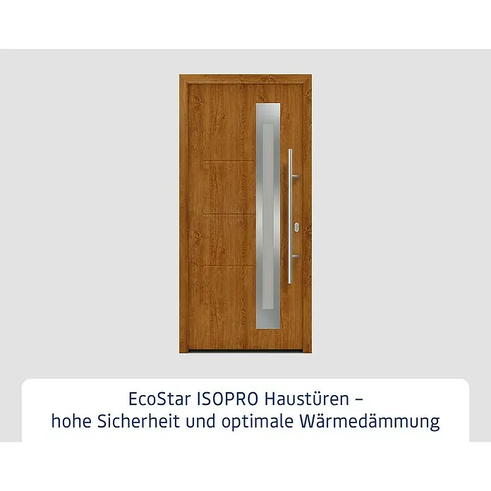 Hörmann EcoStar Haustür ISOPRO IP 780S - 110 x 210 cm, DIN Anschlag: Rechts, Golden Oak - Eine moderne ISOPRO Haustür in Holzoptik mit einem schmalen, senkrechten Glaselement und einem langen, silberfarbenen Griff.