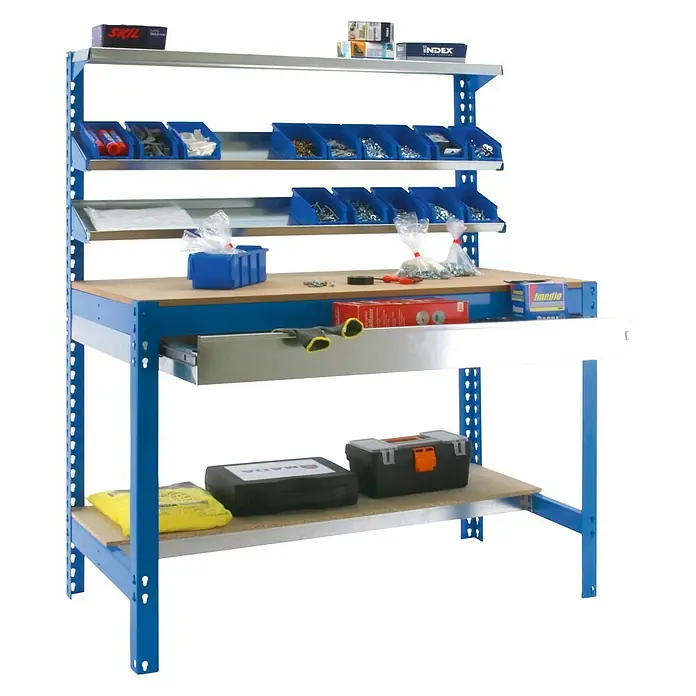 Simonrack Juego de banco de trabajo BT1 Box con estantería metálica Megaplus - Metal, 2 pzs. - Banco de trabajo con gran capacidad de almacenamiento. Este banco tiene estantes con contenedores azules, un cajón y un estante inferior.