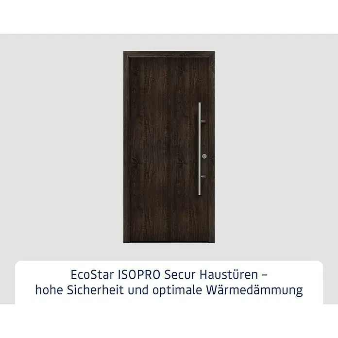 Hörmann EcoStar Haustür ISOPRO Secur IPS 010 - 110 x 210 cm, DIN Anschlag: Rechts, Night Oak - Abgebildet ist eine moderne EcoStar ISOPRO Secur Haustür in dunklem Holzdekor mit langem, senkrechtem Griff.