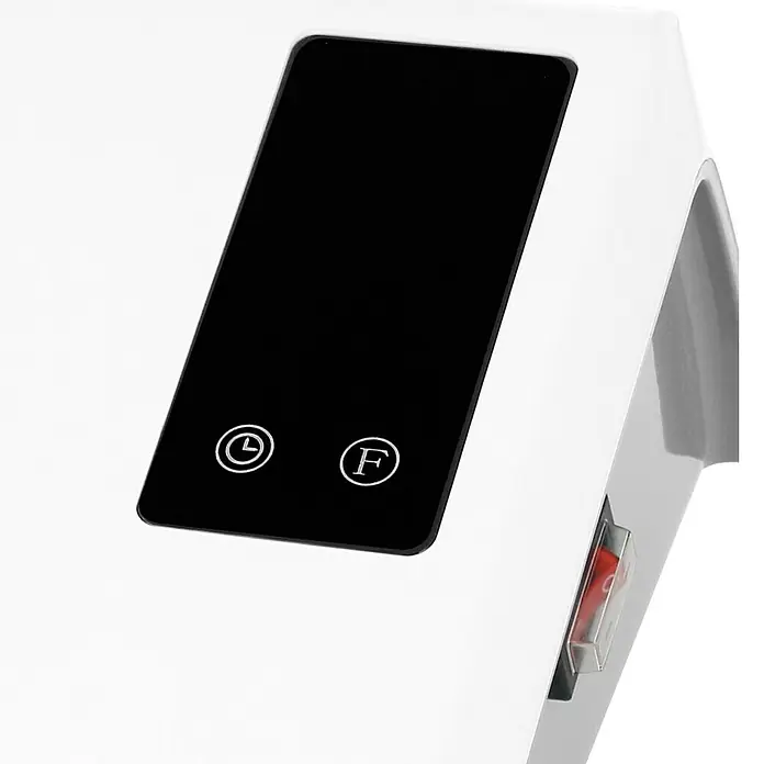 Voltomat HEATING Heizlüfter - 1.000 W - 2.000 W, Weiß, 29,5 x 19 x 31,6 cm, IP22 - Nahaufnahme eines weißen Produkts mit schwarzem Display, Tasten und einem roten Schalter, das moderne Design und Funktionalität vereint.