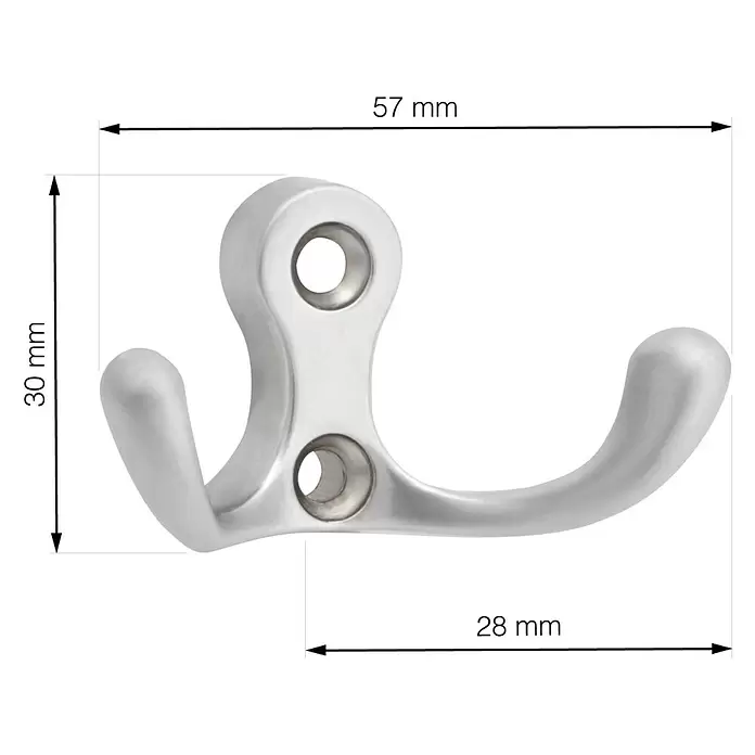Walteco Garderobenhaken Romero II - L x B x H: 30 x 57 x 28 mm, Anzahl Haken: 2 Stk., Verchromt matt - Satinierter Metall-Doppelhaken mit zwei Befestigungslöchern, 57mm breit, 30mm hoch, 28mm Ausladung.