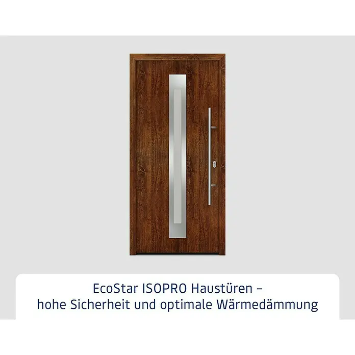 Hörmann EcoStar Haustür ISOPRO IP 770S - 110 x 210 cm, DIN Anschlag: Rechts, Dark Oak - Eine EcoStar ISOPRO Haustür in Holzoptik mit einem vertikalen Glaseinsatz und einem modernen Türgriff aus Edelstahl.