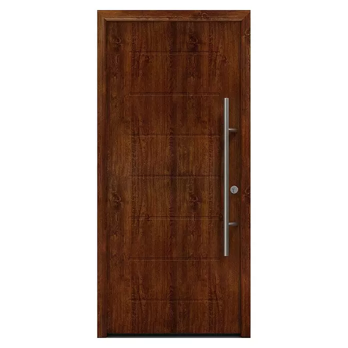 Hörmann EcoStar Haustür ISOPRO Secur IPS 015 - 110 x 210 cm, DIN Anschlag: Rechts, Dark Oak - Dunkelbraune moderne Holztür mit horizontalen Rillen, langem silbernen Stangengriff und Schlüsselloch.