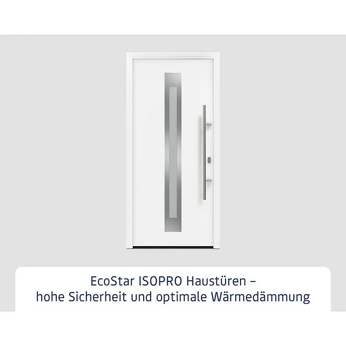 Hörmann EcoStar Haustür ISOPRO IP 770S - 110 x 210 cm, DIN Anschlag: Rechts, Verkehrsweiß - EcoStar ISOPRO Haustür: Eine moderne, weiße Haustür mit einem vertikalen silbernen Akzent und einem eleganten, langen Türgriff.