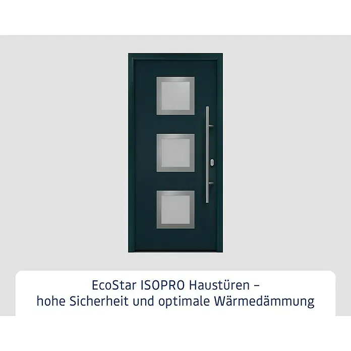 Hörmann EcoStar Haustür ISOPRO IP 810S - 110 x 210 cm, DIN Anschlag: Rechts, Anthrazitgrau - Abbildung einer EcoStar ISOPRO Haustür mit drei quadratischen Glaseinsätzen und einem vertikalen Edelstahlgriff.