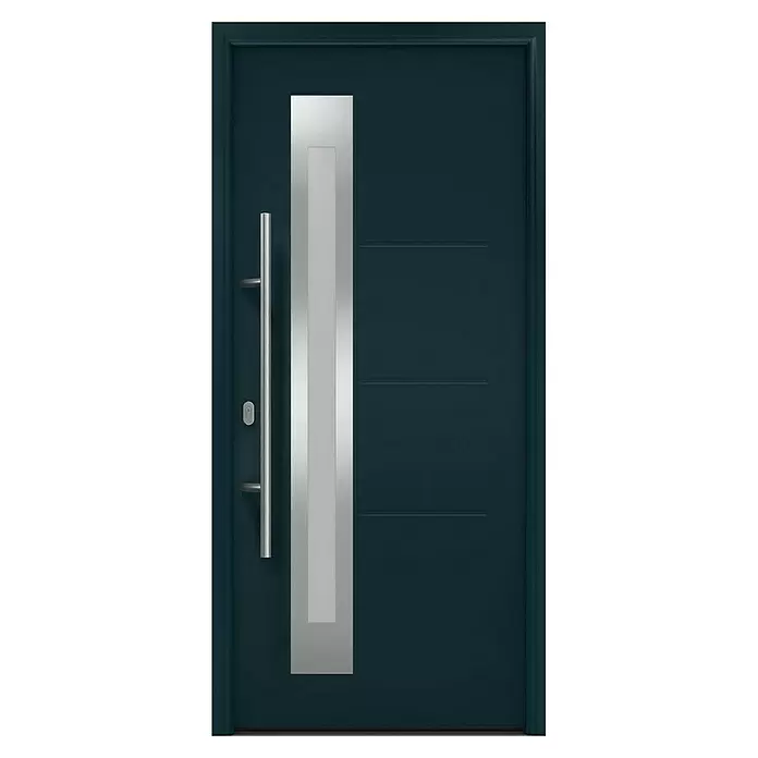 Hörmann EcoStar Haustür ISOPRO IP 780S - 110 x 210 cm, DIN Anschlag: Links, Anthrazitgrau - Moderne dunkelblaue Haustür mit langem silbernen Stangengriff, vertikaler silberner Akzentleiste und horizontalen Zierrillen.