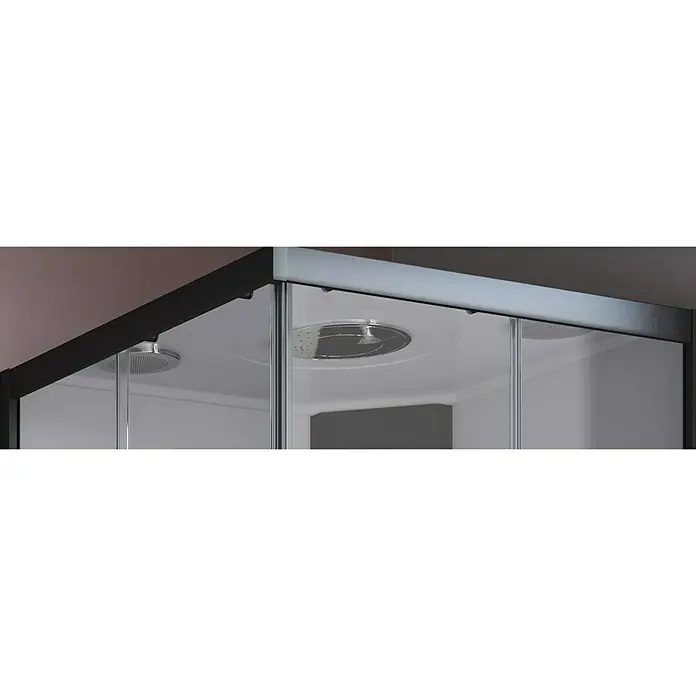 GEO Fix Komplettdusche - 90 x 90 x 215 cm, Eckig, Weiß/Schwarz - Detailaufnahme einer Duschkabine mit Deckenbrausen und schwarzem Rahmen. Elegantes Design für modernes Badezimmer.