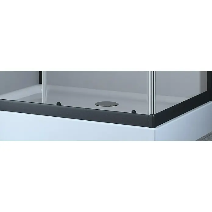 GEO Fix Komplettdusche - 80 x 110 x 215 cm, Weiß/Schwarz - Nahaufnahme einer Duschkabine mit schwarzem Rahmen und transparentem Glas, die ein modernes Badezimmerdesign betont.