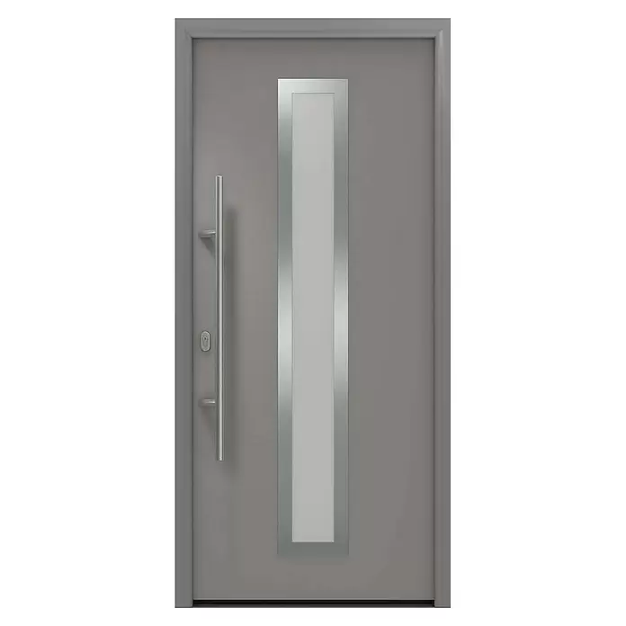 Hörmann EcoStar Haustür ISOPRO IP 700S - 110 x 210 cm, DIN Anschlag: Links, Graualuminium - Moderne graue Eingangstür mit vertikaler Milchglas-Einlage in Silberrahmen und langem silbernem Stangengriff.