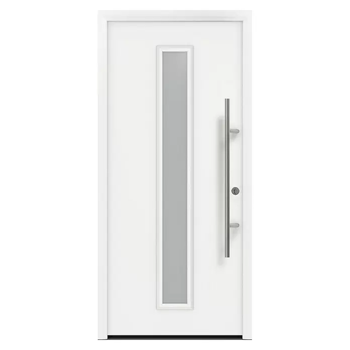 Hörmann EcoStar Haustür ISOPRO Secur IPS 020S - 110 x 210 cm, DIN Anschlag: Rechts, Verkehrsweiß - Weiße moderne Tür mit vertikalem Milchglaseinsatz und langem Edelstahl-Stangengriff.