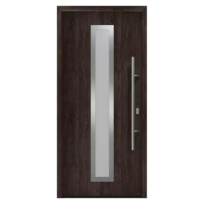 Hörmann EcoStar Haustür ISOPRO IP 700S - 110 x 210 cm, DIN Anschlag: Rechts, Night Oak - Dunkelbraune Holztür mit mittigem Milchglasfeld in Silberrahmen und langem gebürsteten Metallgriff.