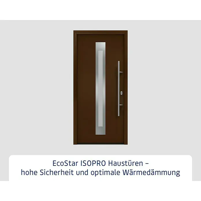 Hörmann EcoStar Haustür ISOPRO IP 770S - 110 x 210 cm, DIN Anschlag: Rechts, Terrabraun - EcoStar ISOPRO Haustür: Moderne Haustür in Braun mit einem vertikalen Glaseinsatz und einem eleganten, langen Türgriff.