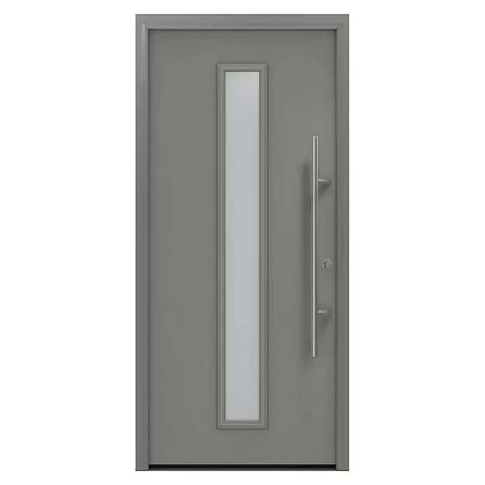 Hörmann EcoStar Haustür ISOPRO Secur IPS 020S - 110 x 210 cm, DIN Anschlag: Rechts, Graualuminium - Moderne graue Tür mit vertikalem Milchglaseinsatz und langem silbernem Stangengriff.