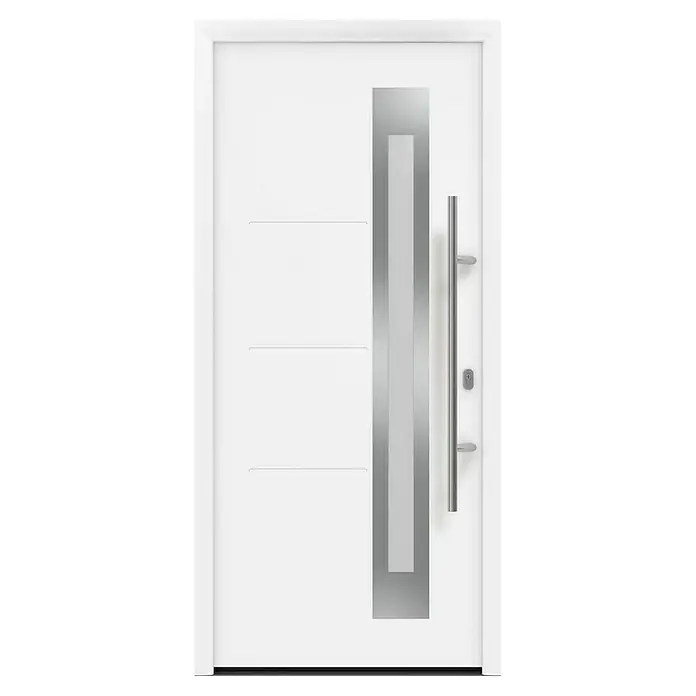 Hörmann EcoStar Haustür ISOPRO IP 780S - 110 x 210 cm, DIN Anschlag: Rechts, Verkehrsweiß - Eine moderne, weiße Eingangstür mit einem langen, vertikalen Edelstahlgriff und horizontalen Designelementen.
