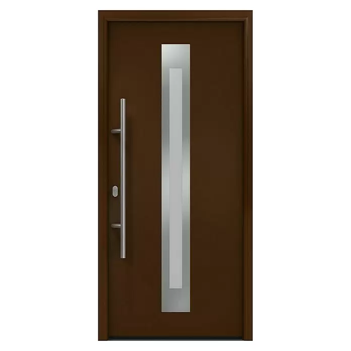 Hörmann EcoStar Haustür ISOPRO IP 770S - 110 x 210 cm, DIN Anschlag: Links, Terrabraun - Moderne braune Eingangstür mit langem silbernem Griff und vertikalem silbernem Einsatz.