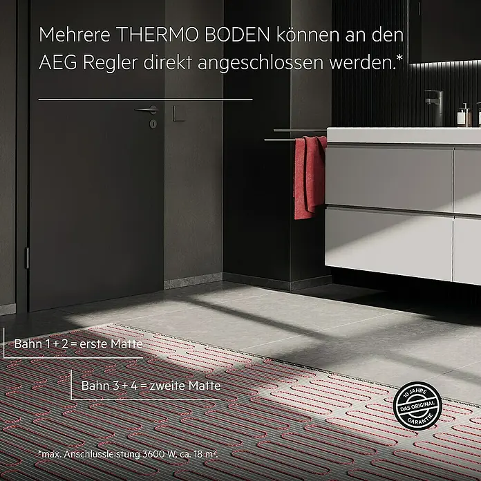AEG Fußbodenheizung TBS TC 200/2 SET PLUS - 670 x 30 cm, Beheizbare Fläche: 2 m², 400 W - Das Bild zeigt eine THERMO BODEN-Heizmatte, die an einen AEG Regler angeschlossen werden kann, mit 10 Jahren Garantie.