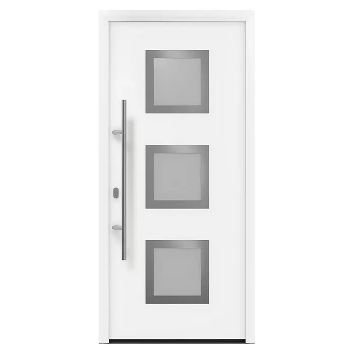 Hörmann EcoStar Haustür ISOPRO IP 810S - 110 x 210 cm, DIN Anschlag: Links, Verkehrsweiß - Weiße moderne Tür mit drei rechteckigen Milchglaseinsätzen und einem langen Griff aus gebürstetem Metall.