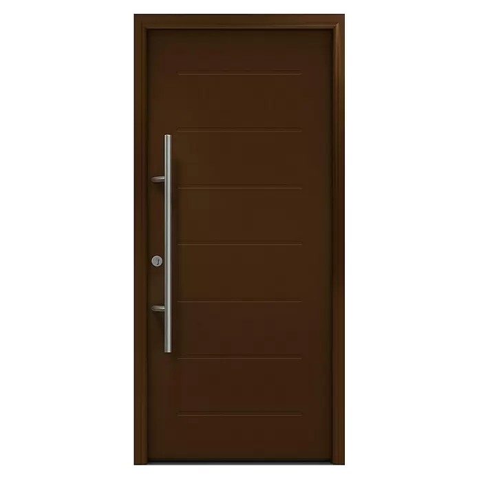 Hörmann EcoStar Haustür ISOPRO Secur IPS 015 - 110 x 210 cm, DIN Anschlag: Links, Terrabraun - Moderne dunkelbraune Tür mit langem silbernem Stangengriff und Schlüsselloch.