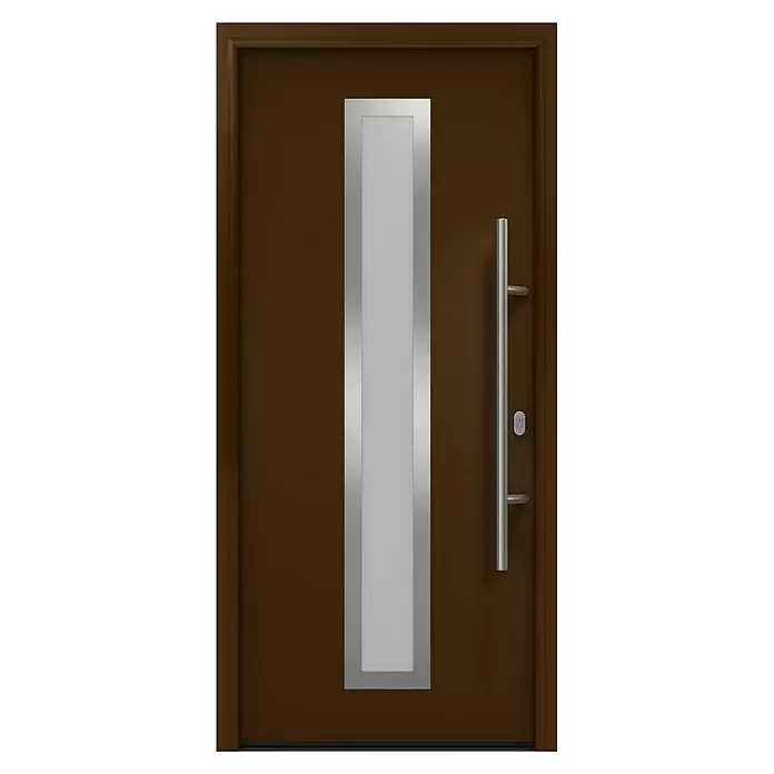 Hörmann EcoStar Haustür ISOPRO IP 700S - 110 x 210 cm, DIN Anschlag: Rechts, Terrabraun - Braune moderne Tür mit vertikaler Silberplatte und langem silbernem Stangengriff.