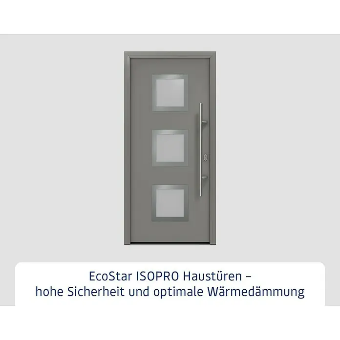 Hörmann EcoStar Haustür ISOPRO IP 810S - 110 x 210 cm, DIN Anschlag: Rechts, Graualuminium - Graue EcoStar ISOPRO Haustür mit drei rechteckigen Fenstern und einem langen, silbernen Griff für hohe Sicherheit und Wärmedämmung.