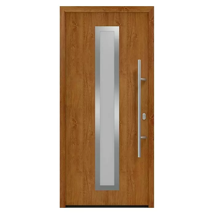 Hörmann EcoStar Haustür ISOPRO IP 700S - 110 x 210 cm, DIN Anschlag: Rechts, Golden Oak - Braune Holztür mit zentralem, silbergerahmtem Glaseinsatz und langem vertikalem silbernen Griff rechts.