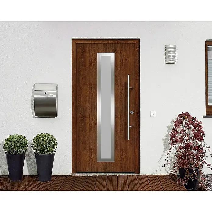Hörmann EcoStar Haustür ISOPRO Secur IPS 700S - 110 x 210 cm, DIN Anschlag: Rechts, Dark Oak - Moderne Haustür aus Holz mit vertikalem Glaseinsatz, Edelstahlgriff und Briefkasten. Die Tür ist elegant und einladend.