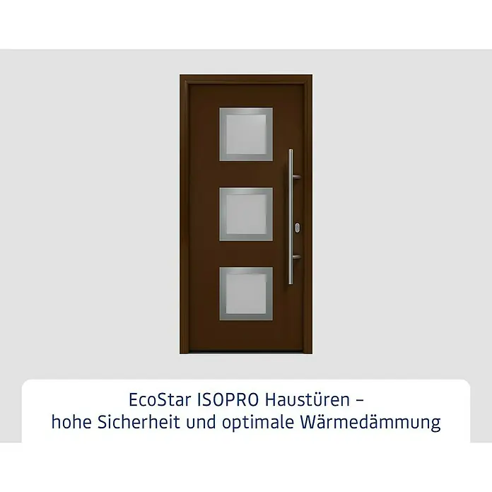 Hörmann EcoStar Haustür ISOPRO IP 810S - 110 x 210 cm, DIN Anschlag: Rechts, Terrabraun - Elegante EcoStar ISOPRO Haustür in Braun mit drei quadratischen Glaseinsätzen und einem langen, modernen Türgriff.