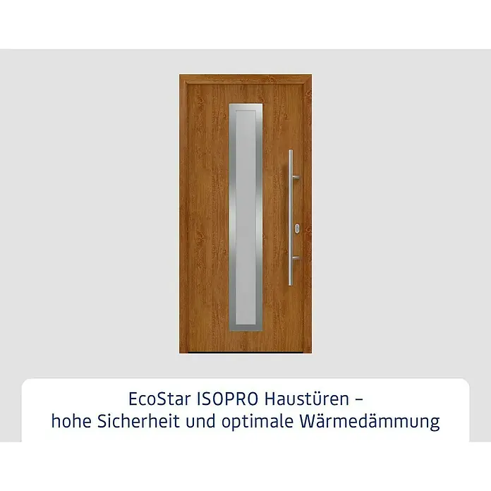Hörmann EcoStar Haustür ISOPRO IP 700S - 110 x 210 cm, DIN Anschlag: Rechts, Golden Oak - EcoStar ISOPRO Haustür in Holzoptik mit silbernem Fenster und Griff. Hohe Sicherheit und Wärmedämmung für Ihr Zuhause.