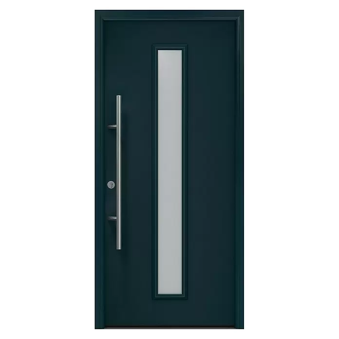 Hörmann EcoStar Haustür ISOPRO Secur IPS 020S - 110 x 210 cm, DIN Anschlag: Links, Anthrazitgrau - Moderne dunkelblaue Tür mit langem Edelstahlgriff und vertikalem Milchglaseinsatz.
