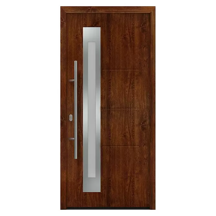 Hörmann EcoStar Haustür ISOPRO IP 780S - 110 x 210 cm, DIN Anschlag: Links, Dark Oak - Moderne braune Haustür in Holzoptik mit vertikalem Silberpaneel, Milchglaseinsatz und langem silbernem Stangengriff.