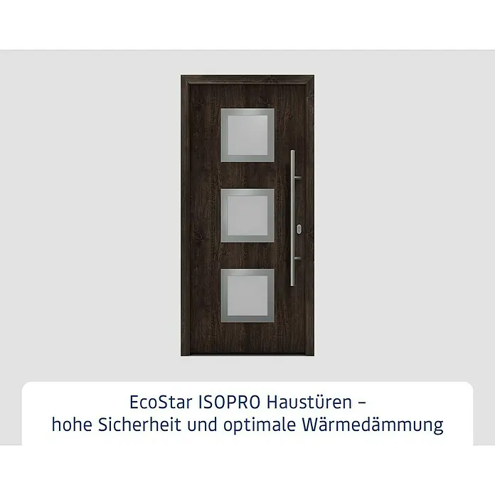 Hörmann EcoStar Haustür ISOPRO IP 810S - 110 x 210 cm, DIN Anschlag: Rechts, Night Oak - EcoStar ISOPRO Haustür in dunklem Holzdesign mit drei quadratischen Glaseinsätzen und einem silbernen Griff.